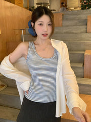 Zolaqlı mayka, kamzol, böyük ölçülü qadın geyimləri, 2026-cı il yayı üçün yeni dəb, incə oturacaq, qarın nahiyəsini gizlədən alt qat.