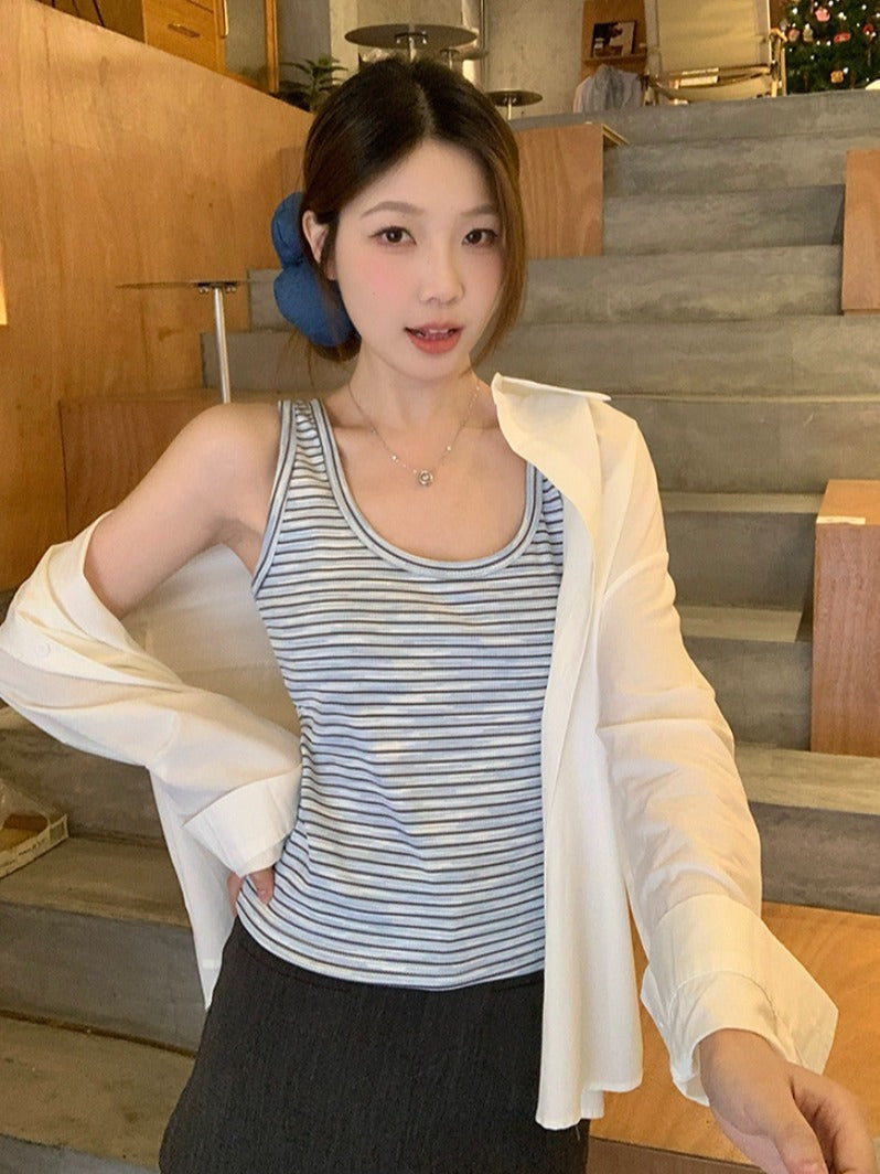 Zolaqlı mayka, kamzol, böyük ölçülü qadın geyimləri, 2026-cı il yayı üçün yeni dəb, incə oturacaq, qarın nahiyəsini gizlədən alt qat.