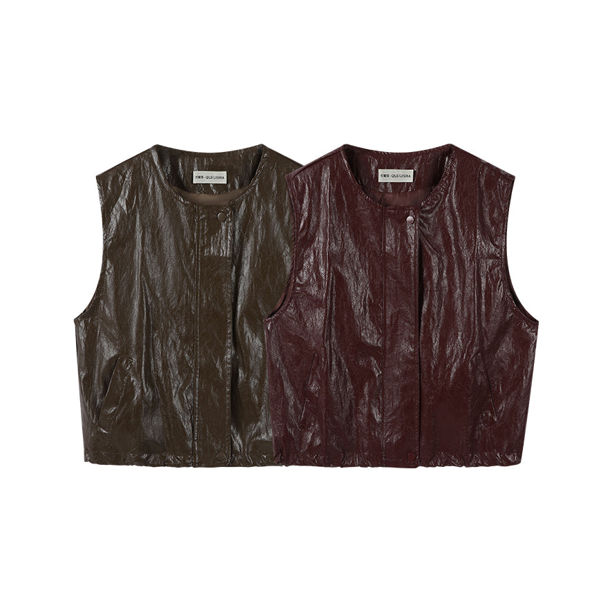 Chola Lisa Erkən Payız Modası Qolsuz Dəri Gödəkçə Qadın Dizaynı Unikal Dəyirmi Yaxalı Boş Üst