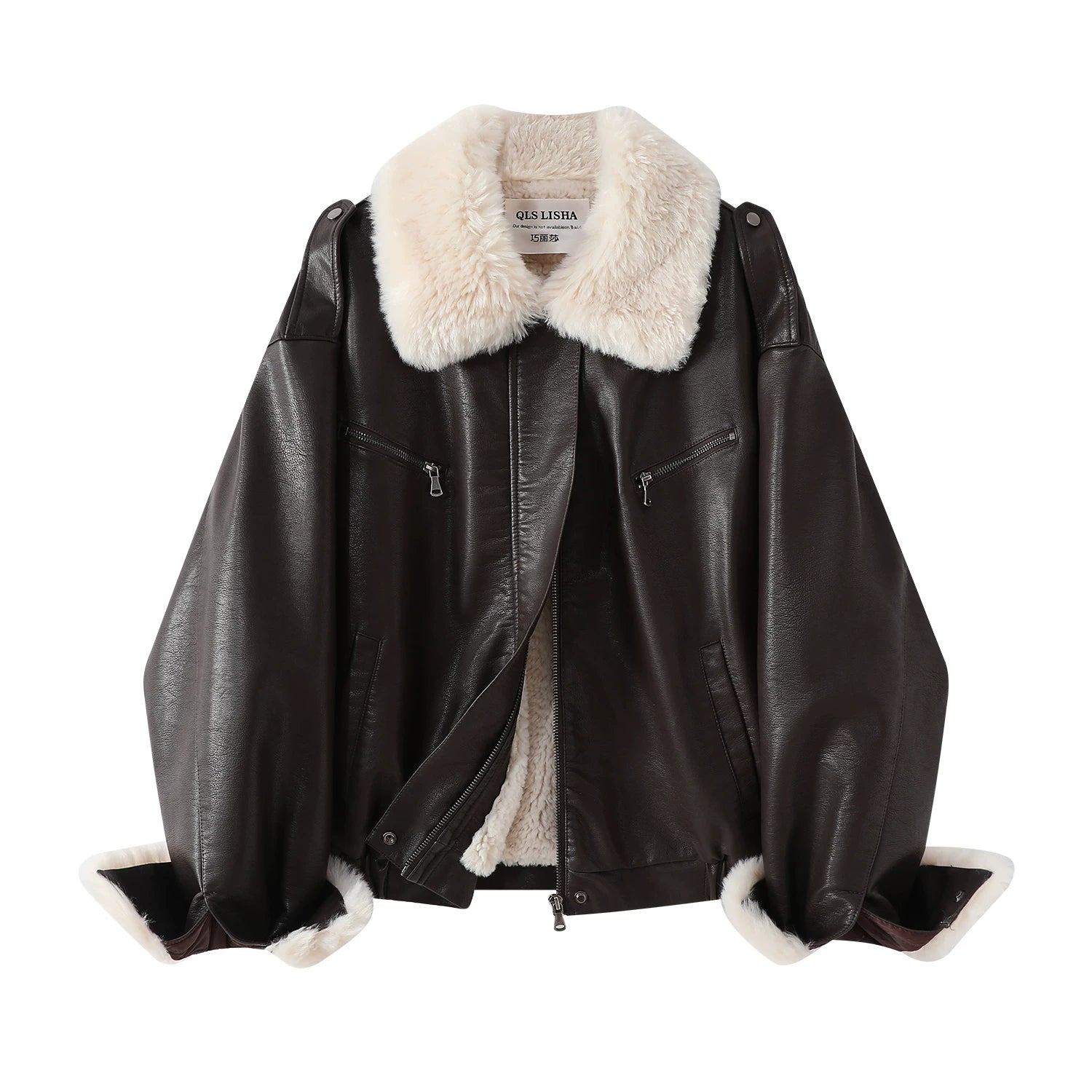 Cholisa Lambswool Dəri Gödəkçə Qara rəngli yun astarlı və qalınlaşdırıcı motosiklet gödəkçəsi, Qadınlar üçün 2025-ci ilin payız və qış super populyar PU dəri gödəkçə