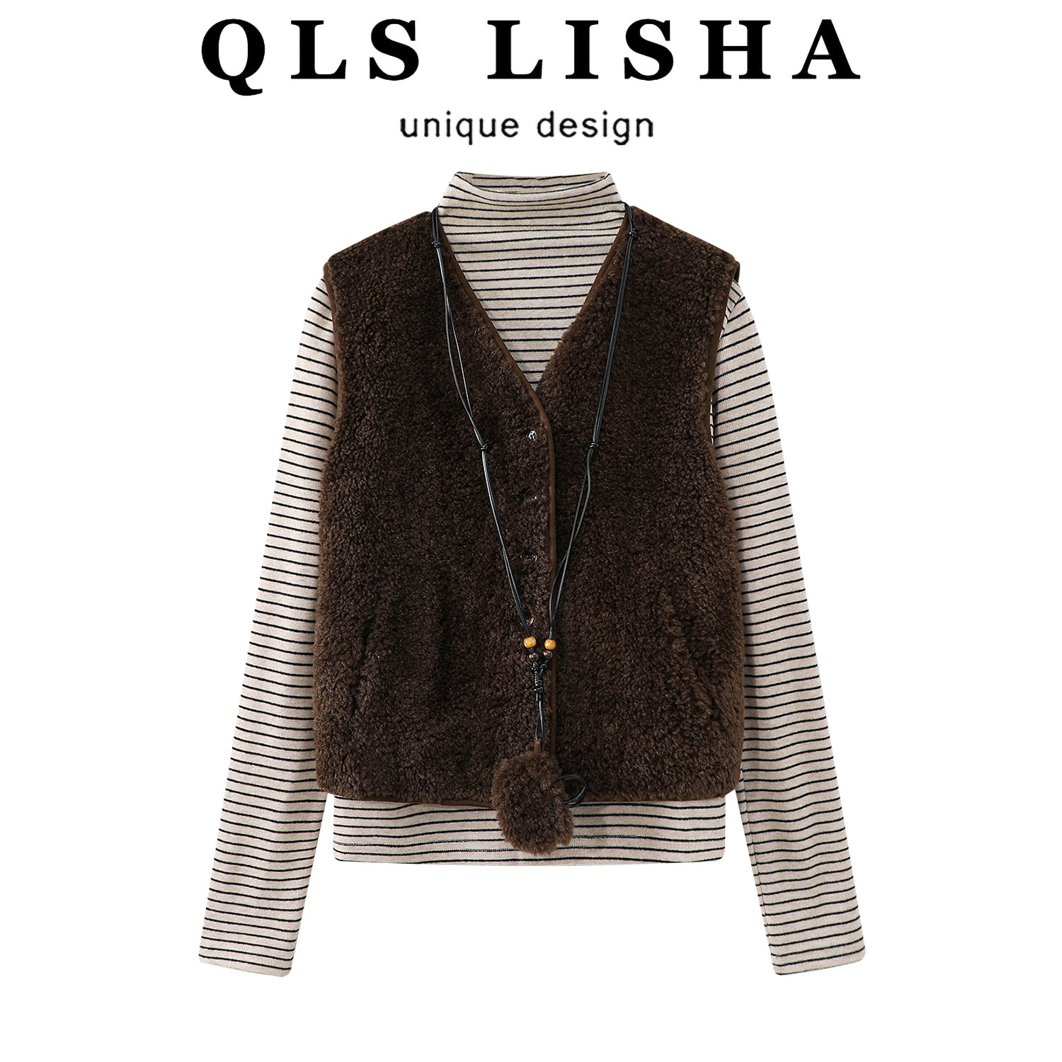 Cholisa Koreya üslubunda zolaqlı trikotaj dəsti, erkən qış üçün, şık və qatlı, Sherpa yun jiletli iki hissəli dəst