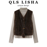 Cholisa Koreya üslubunda zolaqlı trikotaj dəsti, erkən qış üçün, şık və qatlı, Sherpa yun jiletli iki hissəli dəst