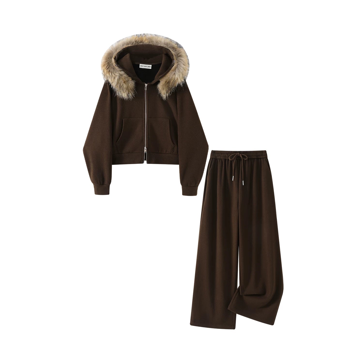 Cholisa Qadınlar üçün Çıxarıla Bilən Yun Yaxalıqlı Sviter Dəsti, Payız/Qış, Dəbli Başlıqlı Gödəkçə və Geniş Ayaqlı Şalvar İki Hissəli Dəst