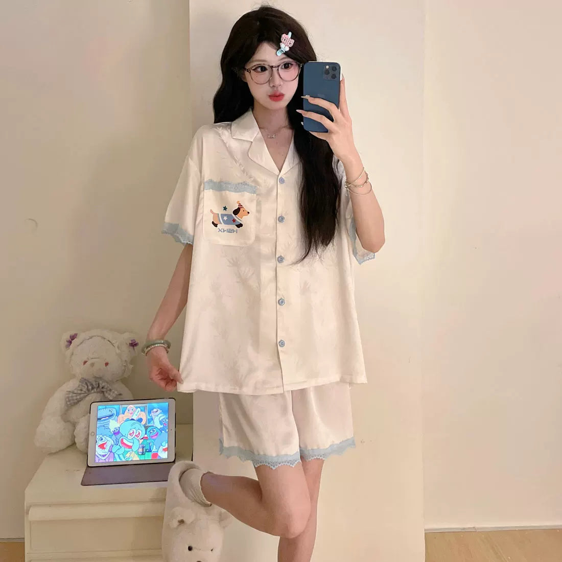 Catman Buz İpək Pijama Qadın Yay Yastıqlı Qısaqol 2026 Yay İncə Milli Stil Böyük Ölçü Üç Parçalı Ev Geyimi