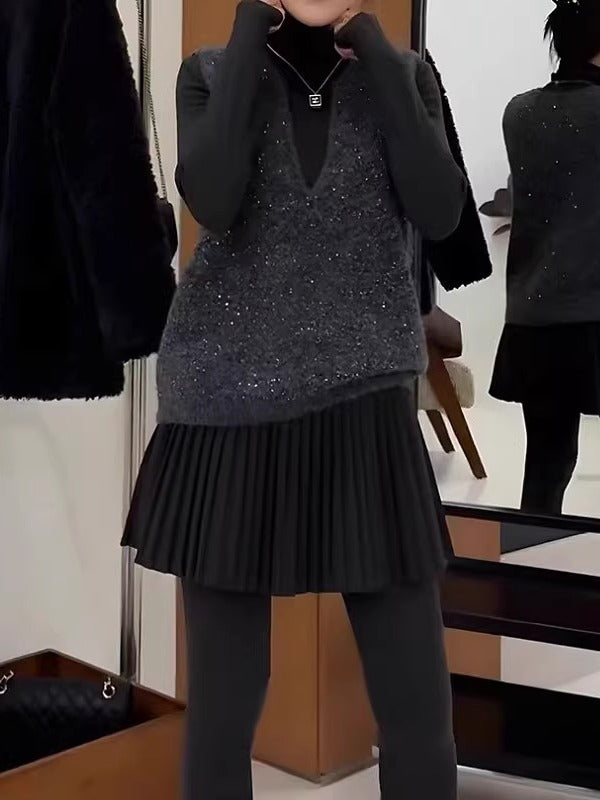 Qadınlar üçün Avropa üslubunda muncuqlu qolsuz toxunma jilet, payız və qış, böyük ölçüdə, geniş formada, yüksək səviyyəli model.