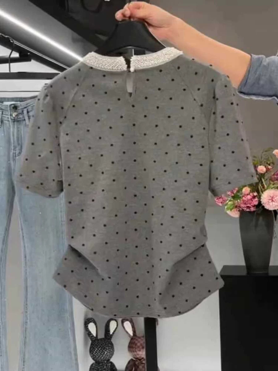 Böyük Ölçülü Saf Pambıq Muncuqlu Polka Nöqtəli Qısa Qollu Futbolka, Yay Qadın Geyimləri, Qəşəng və Zərif Bluz, 2026 Yeni Model, Boz Top