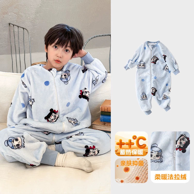 Payız və qış üçün Britaniya uşaq pijamaları, oğlan və qızlar üçün qalın flanel kombinezon, körpələrin təpikləməsinin qarşısını almaq üçün yun astarlı isti yorğan.