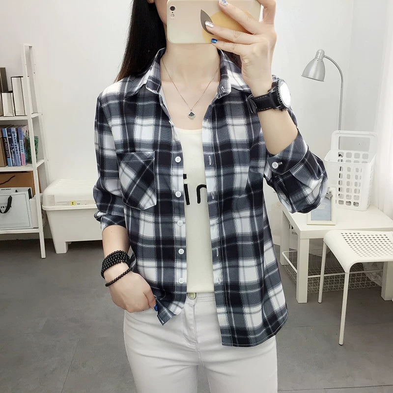 Plaid köynək qadın uzunqol yeni Koreya üslublu retro Honq Konq üslublu alt köynək böyük ölçülü yaz və payız təsadüfi tək geyimli gödəkçə