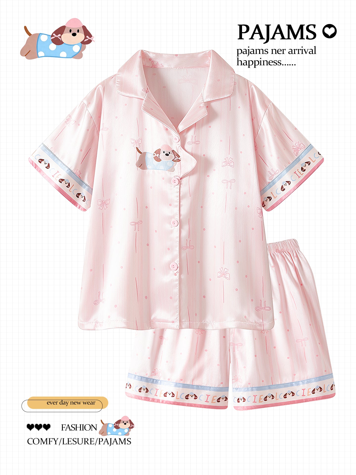 Çəhrayı zolaqlı polka nöqtəli bala şirin buz ipək pijama qadınlar üçün yay nazik qısaqol sevimli qız ev paltarı yay