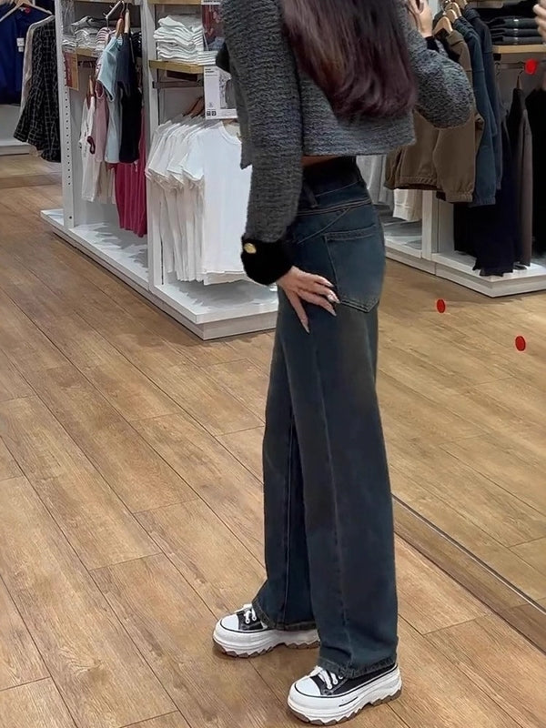 Qadınlar üçün böyük ölçülü retro düz ayaqlı cins şalvar, yeni 2026-cı ilin yaz modası, böyük ölçülü qadınlar üçün yüksək belli, boş formalı, arıqladıcı enli şalvar.