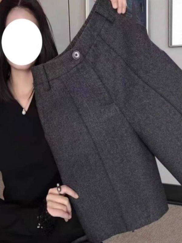 Qadınlar üçün yüksək keyfiyyətli boz rəngli arıqlama gündəlik şortlar, yeni 2026 payız/qış modası, böyük ölçü, yüksək belli retro beşguşəli şalvar.