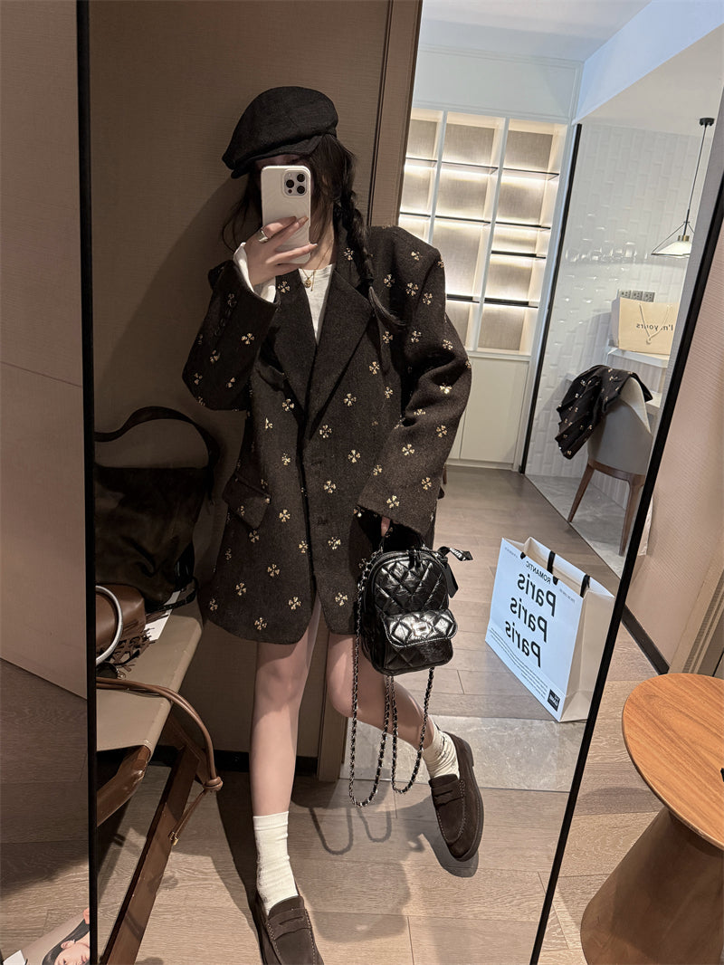 KKSTUDIO Qadınlar üçün Yüksək Səviyyəli Muncuqlu Böyük Ölçülü Yun Blazer, Payız Koreya Üslubunda, Nişli Gündəlik Kostyum