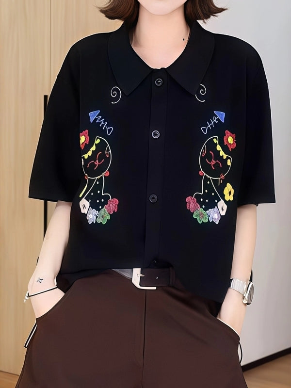 Qadınlar üçün cizgi filmi pişik naxışlı qısaqol futbolka, 2026-cı il yayı, böyük ölçüdə, şık, çoxfunksiyalı, geniş formalı, arıqladıcı köynək.