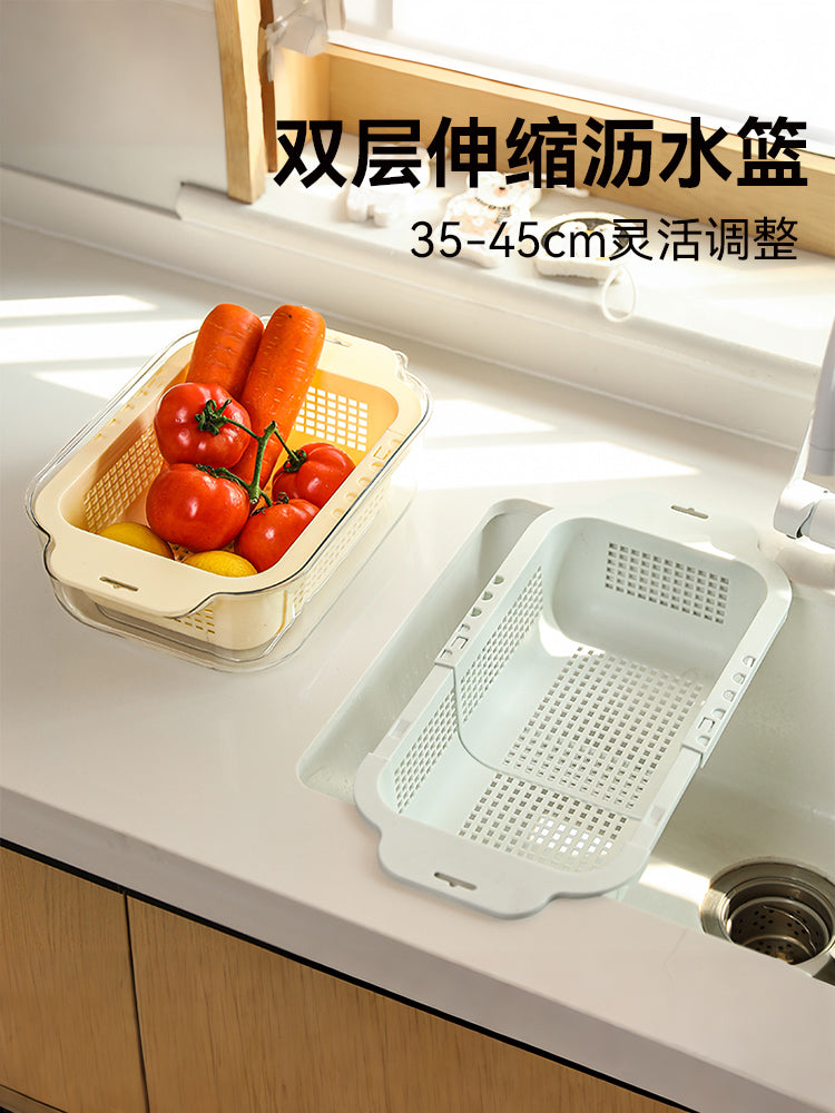 Lavabo hövzəsi drenaj səbəti geri çəkilə bilən iki qatlı tərəvəz səbəti mətbəx meyvə və tərəvəz lavabo drenaj səbəti plastik məişət yeni model