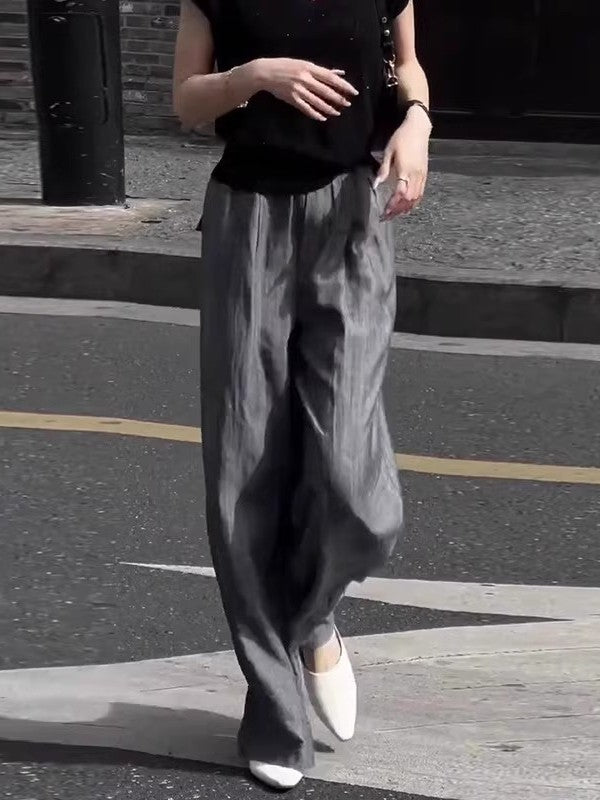 Qadınlar üçün Böyük Ölçülü Boz Kətan Geniş Ayaqlı Şalvar, 2026-cı ilin Yayı, Nazik Stil, Dəbli və Yüksək Seçimli, Boş və Gündəlik Yer Uzunluğunda Şalvar