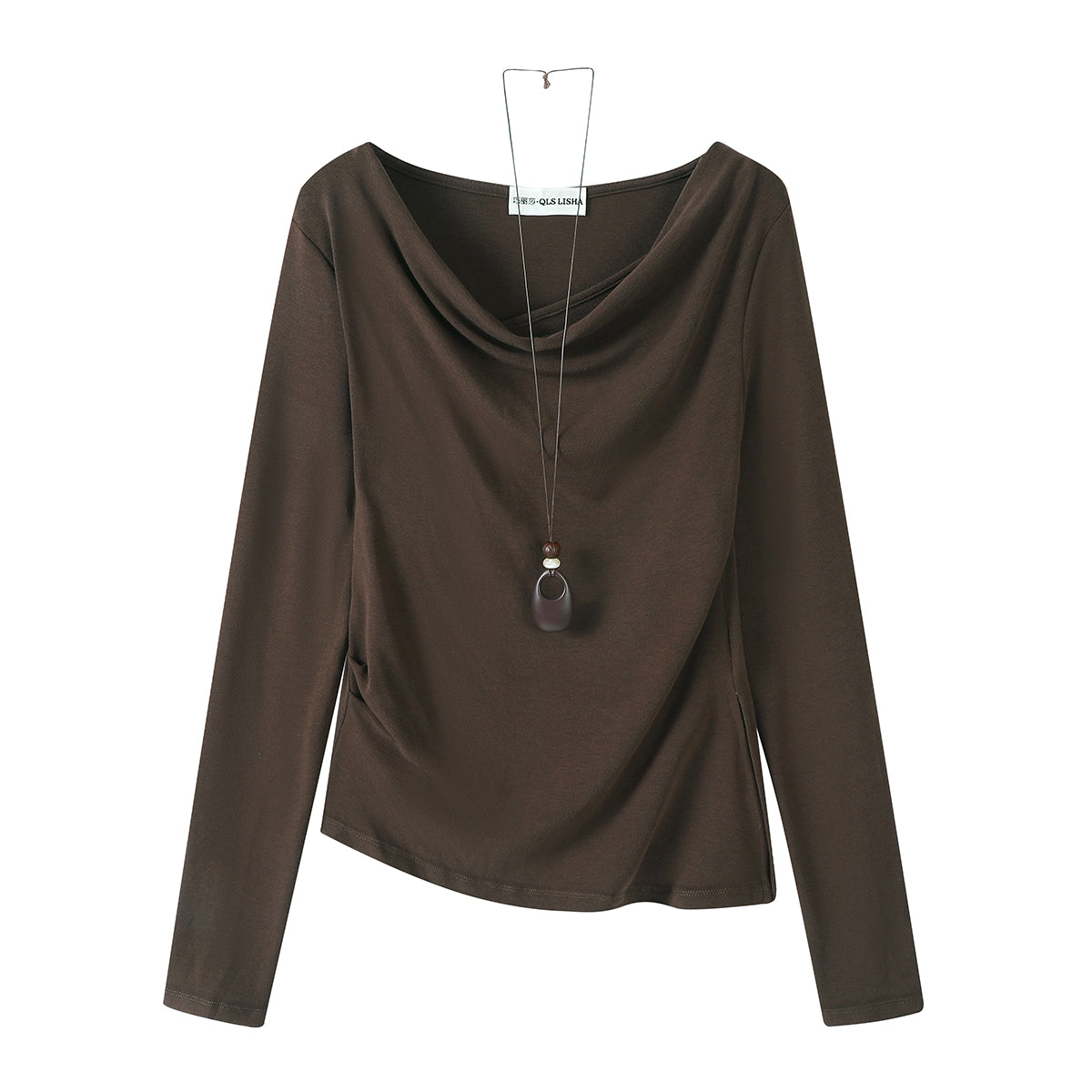 Cholisa Koreya Retro Qəhvəyi Uzunqollu Qadın Üstü, Erkən Yaz və Payız Üçün Düzensiz Kəsikli İncə Fit Futbolka