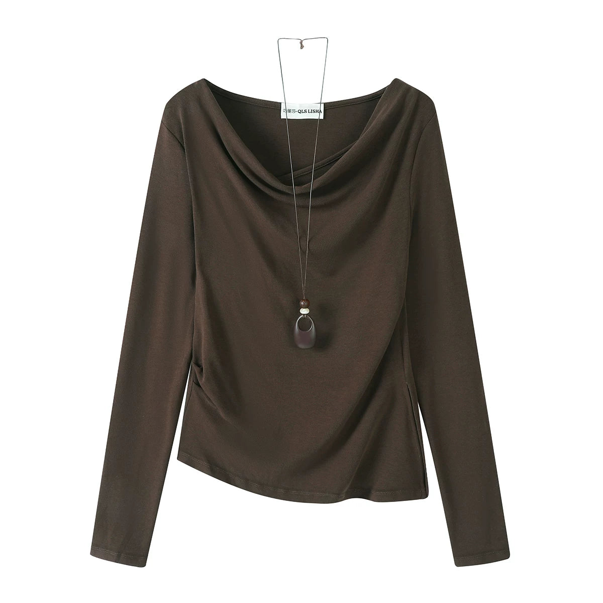 Cholisa Koreya Retro Qəhvəyi Uzunqollu Qadın Üstü, Erkən Yaz və Payız Üçün Düzensiz Kəsikli İncə Fit Futbolka