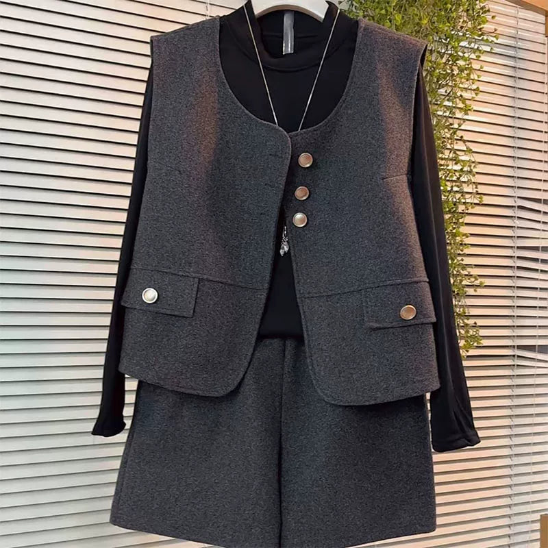 Fashionable Daily Chic Set for Plus Size Women, 2024 Fall New Arrival, Slimming and Flattering Wool Three Piece Set for Curvy Women