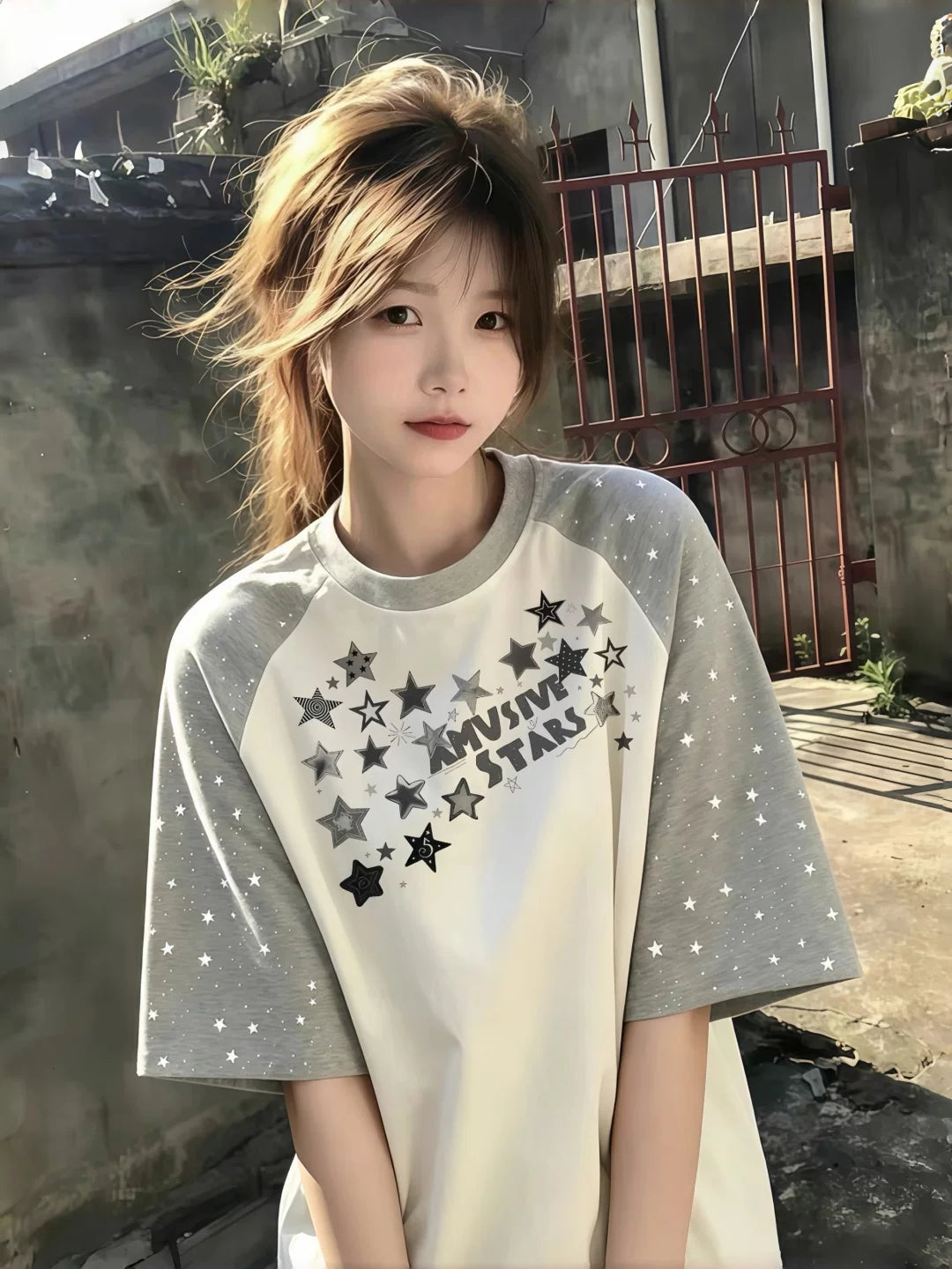 Yayda qızlar və oğlanlar üçün Koreya üslublu ulduz rəqlan qollu qısaqol köynək, orta məktəb və orta məktəb şagirdləri üçün boş dizayn.