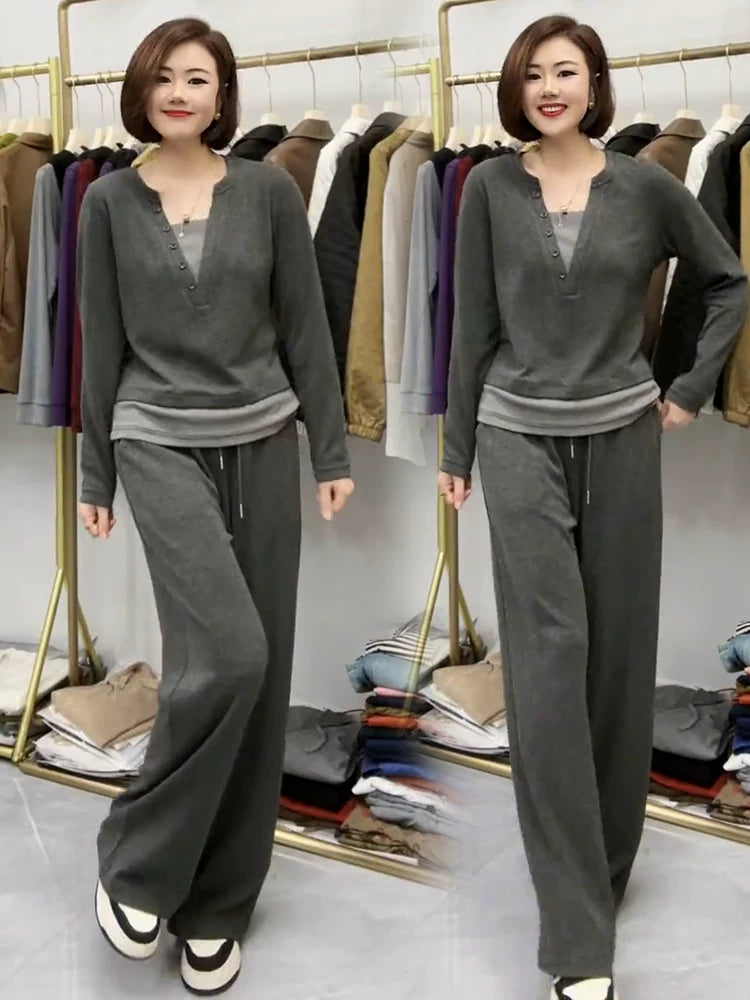 Women's Daily Sports Suit Set, Spring and Autumn 2025 New Style, Middle-Aged Mothers' Clothing, Age-Reducing Fashionable Sweater and Wide-Leg Pants Two-Piece Set
