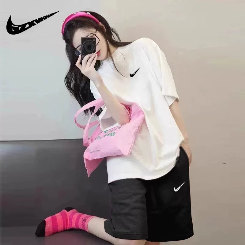 Outlet butiki 100% pambıq qadın yay açıq boş böyük ölçülü köynək nəfəs ala bilən beş rüb şalvar iki hissəli dəst