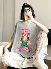 İncə bölmə ~ yağlı boya cizgi filmi modal pijama qadınlar üçün yay qısaqol şalvar buz ipək sərin və sevimli Yapon ev paltarları