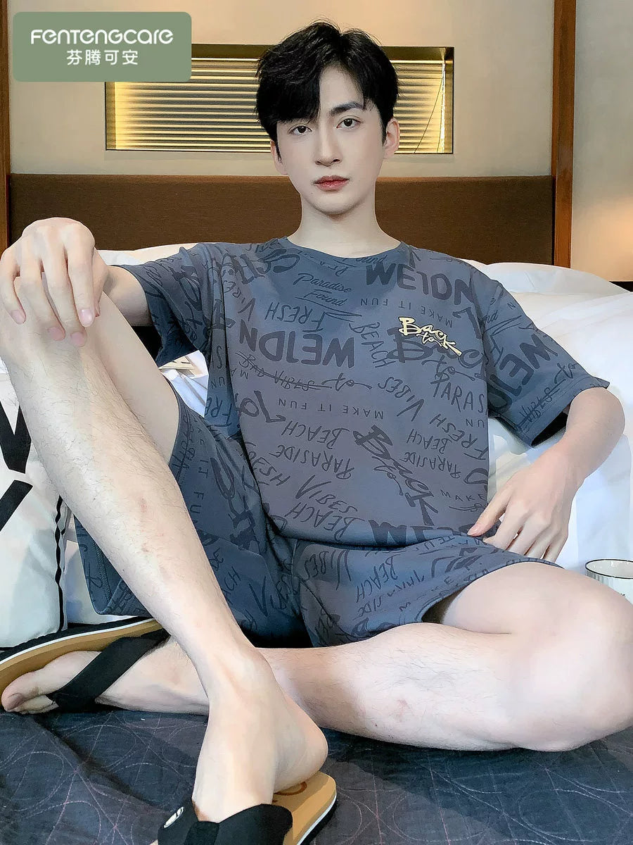 Kişilər üçün pijama yay təmiz pambıq nazik qısaqol şort kostyumdan kənarda geyinmək olar təsadüfi böyük ölçülü kişi sərin ev paltarı