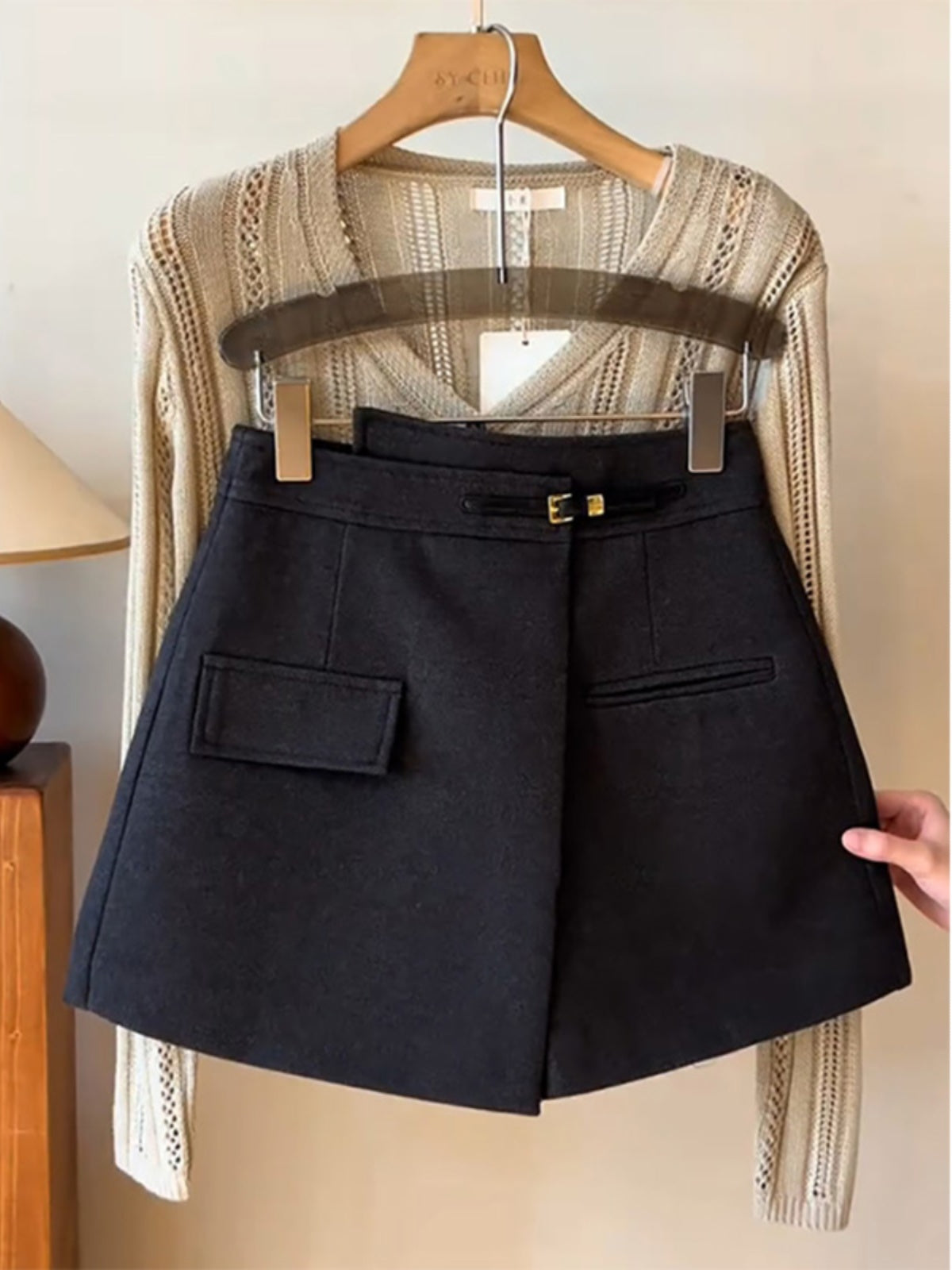 Böyük ölçülü yun mini ətəklər/şalvarlar, yüksək belli, arıqlama üçün, gənclik üçün, kostyum şalvarları, enli ayaqlı şalvarlar, A-xəttli ətək, preppy stili, miniatür.