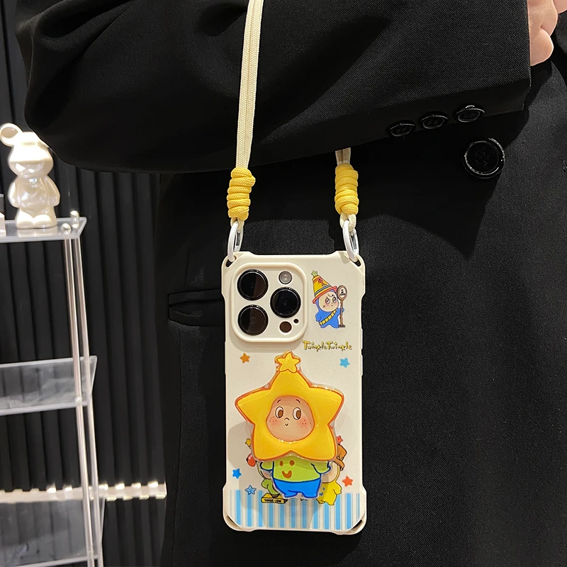 Apple 17promax mobil telefon qutusu iPhone16/15 kreativ Huawei mate60 sevimli OppoReno14 dördbucaqlı lanyard vivo30 qadın şöhrəti 400 üçün uyğun mavi zolaqlı ulduz şəxs braketi