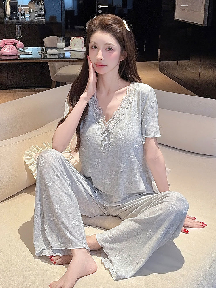 Qadınlar üçün sərin modal pijama yastiqli qısaqol şalvar dəsti ilə seksi krujeva ev geyimi nazik kəsikli
