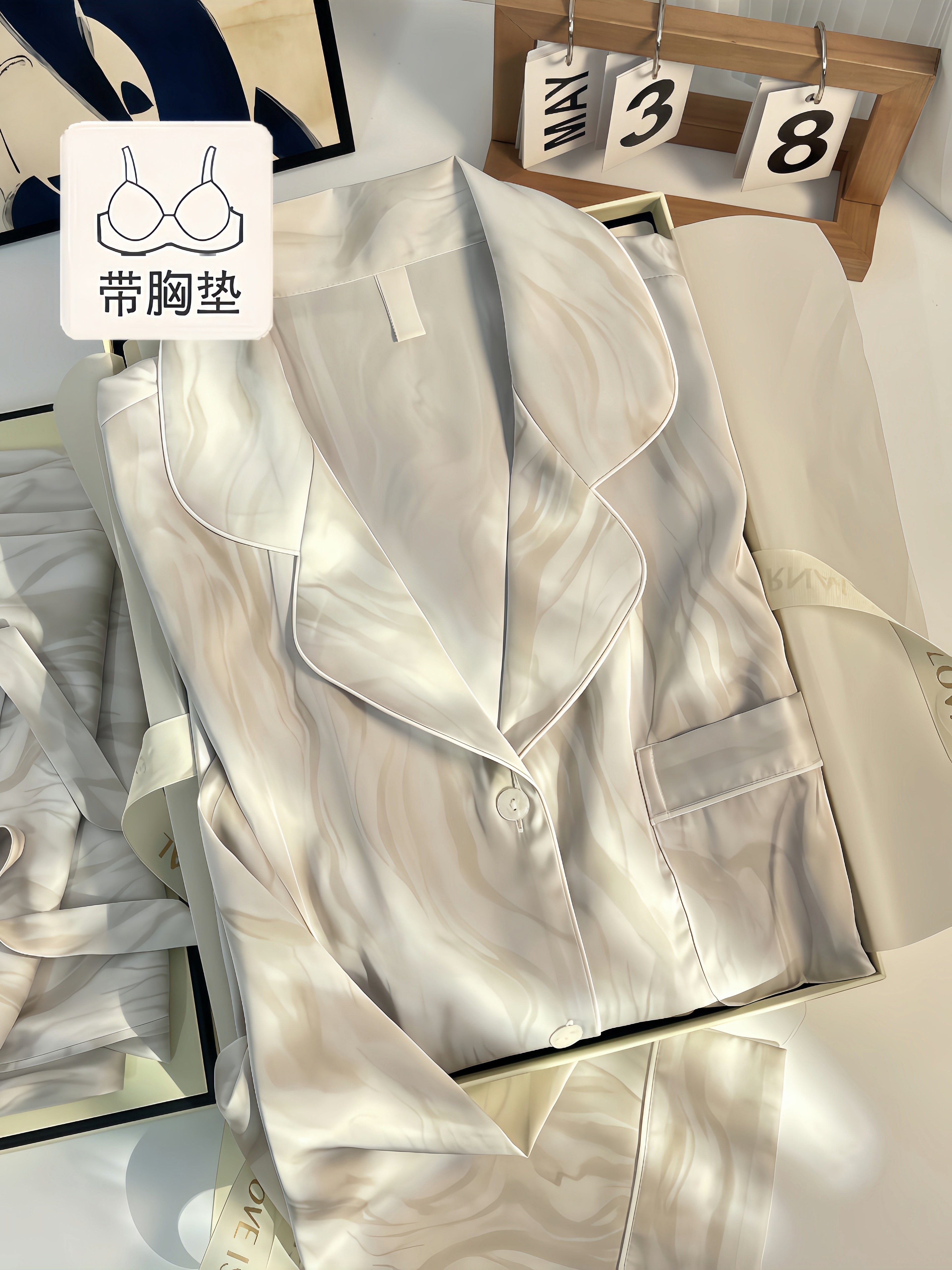 Döş yastiqciqları ilə yüksək keyfiyyətli ipək pijama dəsti, Victoria yüngül dəbdəbəli ev geyimi, ən yaxşılar üçün hədiyyə qutusu