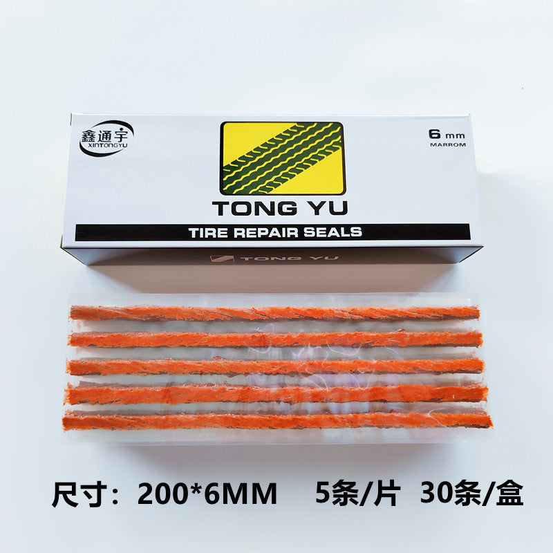 The quick tire repair tool for double-cured tubeless tires uses butyl rubber strips wrapped with polyester thread.