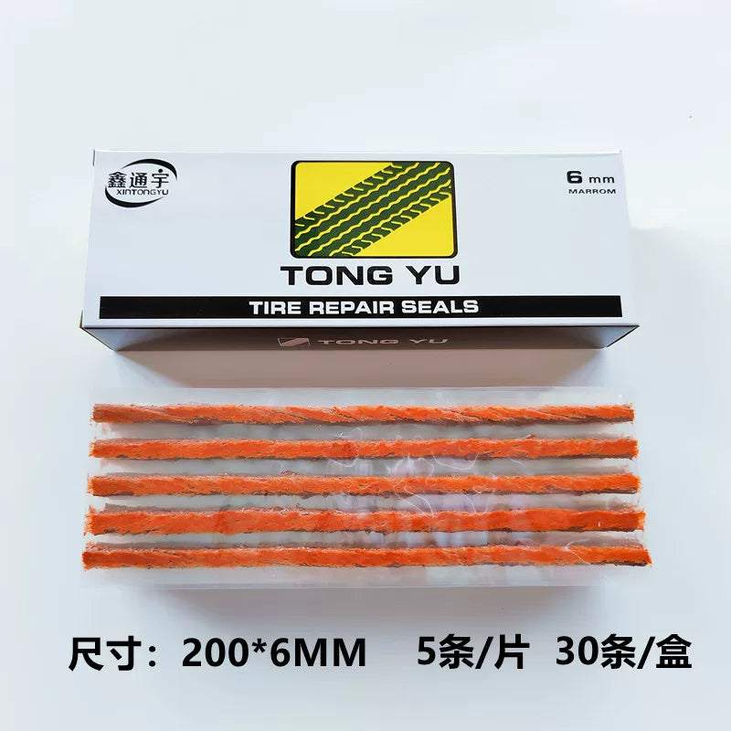 The quick tire repair tool for double-cured tubeless tires uses butyl rubber strips wrapped with polyester thread.