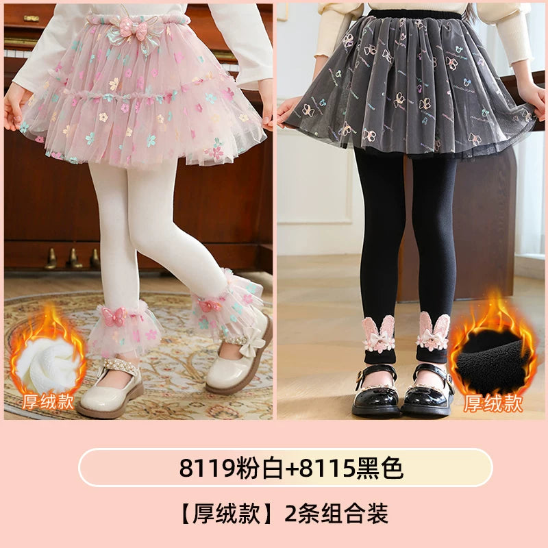 Qızlar üçün bir hissəli ətək şalvarları, 2025-ci ilin yaz və payız mövsümü üçün yeni model uşaq qış geyimləri, flis astarlı, süni iki hissəli leqinslər, ağ, çöldə geyinmək üçün.