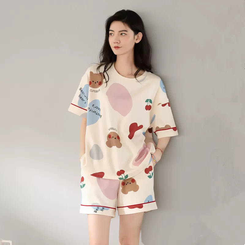 Fenton Ke'an pijama qadın yay təmiz pambıq qısaqol şort yay nazik qadın sevimli karikatura bunny ev paltarı