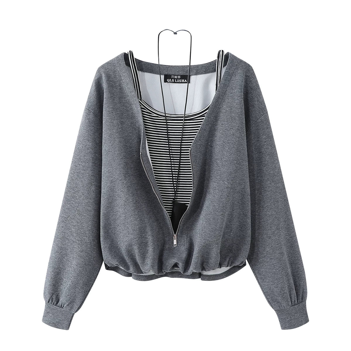 Cholisa-nın özünəməxsus və şık Koreya üslubunda cazibədar qız topu, yamaqlı asma zolaqlı saxta iki hissəli erkən payız uzunqol sviter