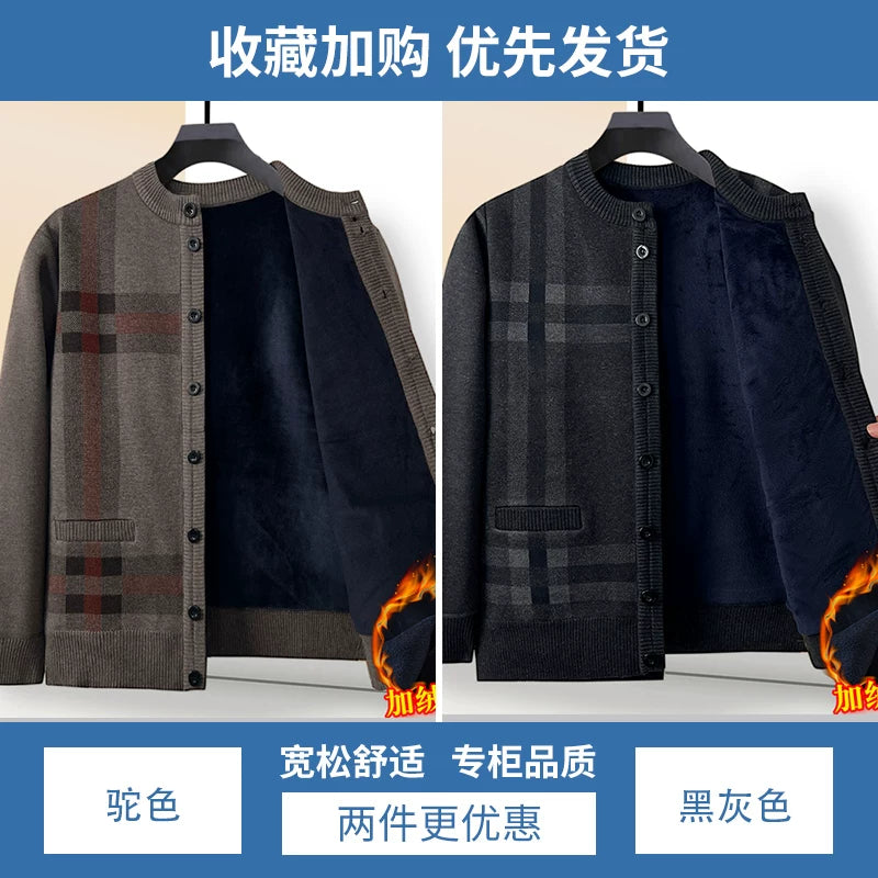 Payız və qış qalın flis hırka, orta və yaşlı insanlar üçün isti, dairəvi yaxalı düyməli toxunma sviter palto, baba köynəyi