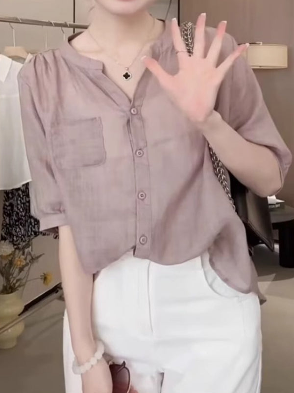 Qadınlar üçün Böyük Ölçülü Yay V-Yakalı Ramie QısaQollu Köynək, 2026 Yeni Model, Boş Forma, Pambıq Kətan Köynək, Çoxfunksiyalı Gündəlik Top