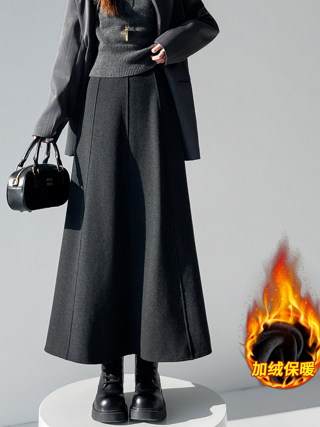 Qadın üçün kaşmir asetat yun midi ətək, yeni payız/qış üslubunda, yüksək belli, arıqladıcı A-xəttli maksi ətək, axıcı və çoxfunksiyalı.