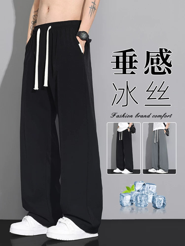 Buz ipək düz şalvar kişi yay nazik enli şalvar boş yay böyük ölçülü idman şalvarı tez quruyan gündəlik şalvar