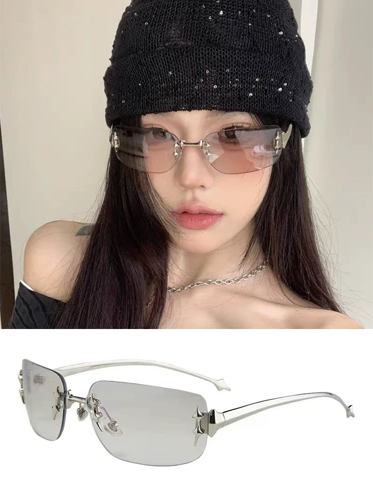 Jennie'nin eyni üslublu çərçivəsiz günəş eynəyi qadınların yüksək səviyyəli birgə ulduz rhinestone isti qız tərzi Y2K günəş eynəyi trendi