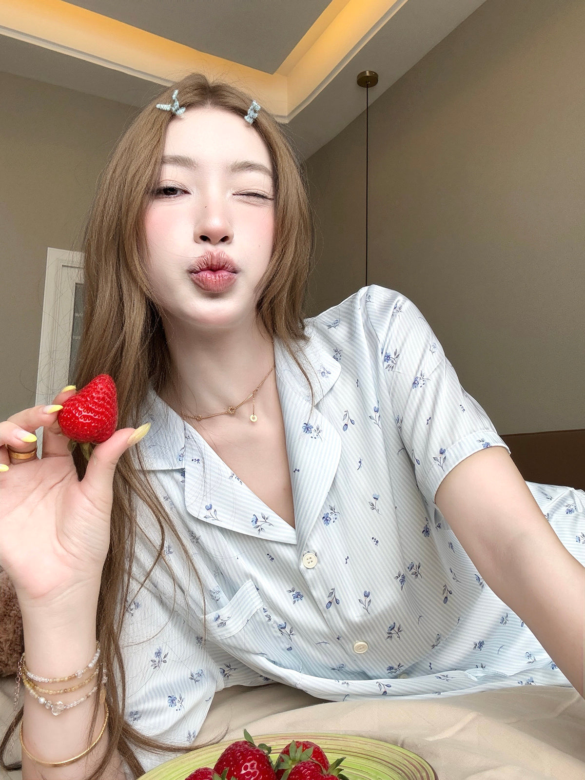 JoyceBra Şirin Çiçəkli Buz İpək Pijama Qadın Yay Sərin Boş Qısaqol Şort Ev Geyimi Dəsti