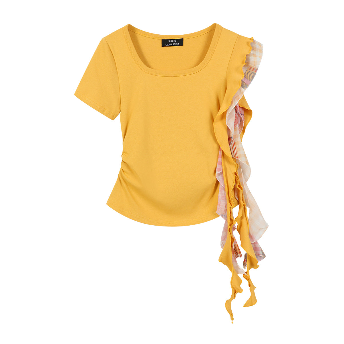 Cholisa Yay Kvadrat Yaxalıq İncə Uyğun Düzensiz Qadın T-Shirt Qısa Qollu 2026 Yeni Stil Unikal və Zərif Qısa Top