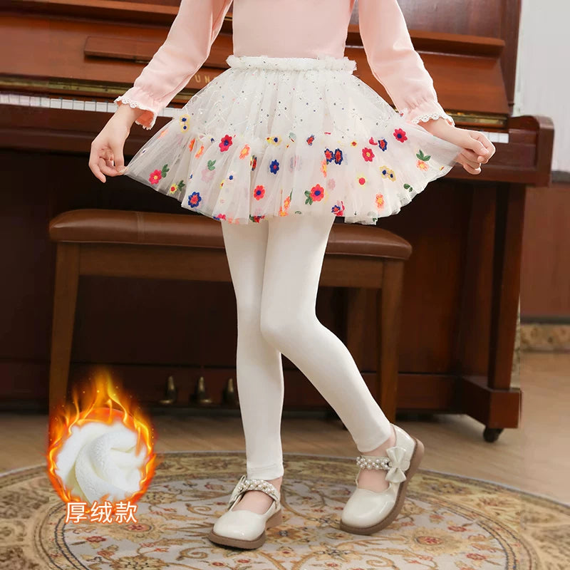 Qızlar üçün bir hissəli ətək şalvarları, 2025-ci ilin yaz və payız mövsümü üçün yeni model uşaq qış geyimləri, flis astarlı, süni iki hissəli leqinslər, ağ, çöldə geyinmək üçün.