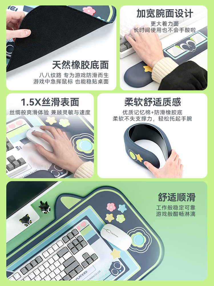 Jixiang Luo Xiaohei orijinal ortaq brendli siçan altlığı notebook masa üstü kompüter cizgi filmi kilidi yan masa yastığı, böyük sevimli bilək dayağı, əlavə böyük qalınlaşdırıcı yapışmayan siçan masası altlığı