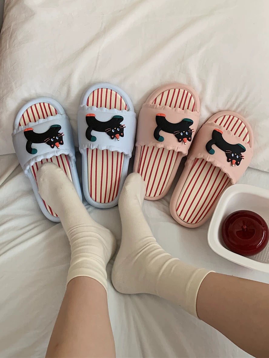 İncə zolaqlı Tələbə Gündəlik Ev Sandalları Qadın Əyləncəli Qara Kitten Yay Üst Geyimi Rəng Bloklu Zolaqlı Başmaq