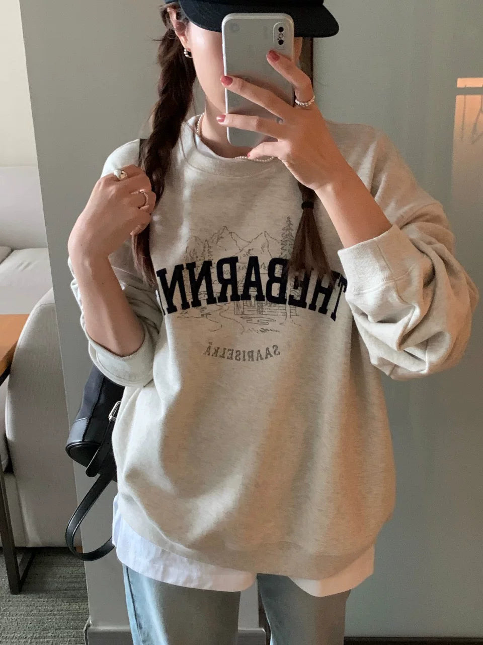 Yüksək keyfiyyətli thebarnnet səkkiz döşlü Koreya hərfli qar dağı naxışlı tənbəl stilli sviter, təmiz pambıqdan hazırlanmış qadın 2025 payız