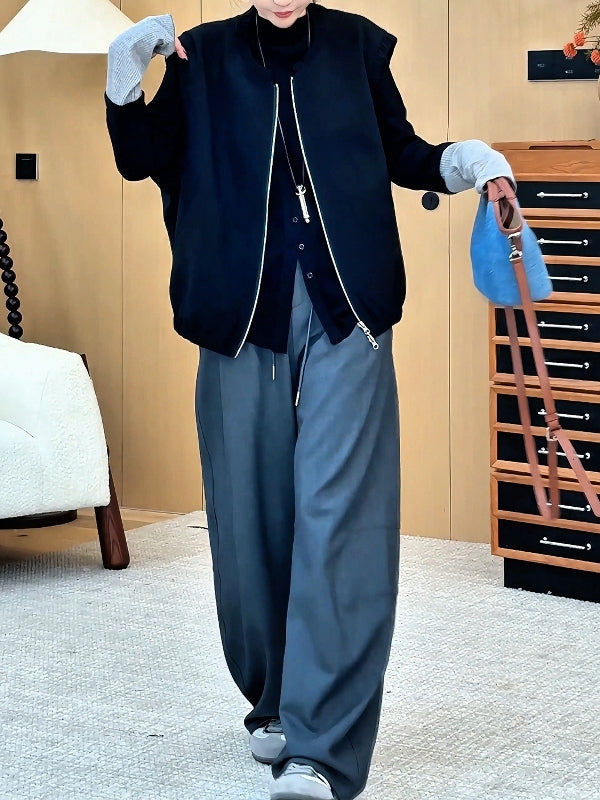 Qadınlar üçün yüksək keyfiyyətli qara rəngli fermuarlı jilet, böyük ölçüdə, geniş və gündəlik, yaz üçün çoxqatlı qolsuz köynək.