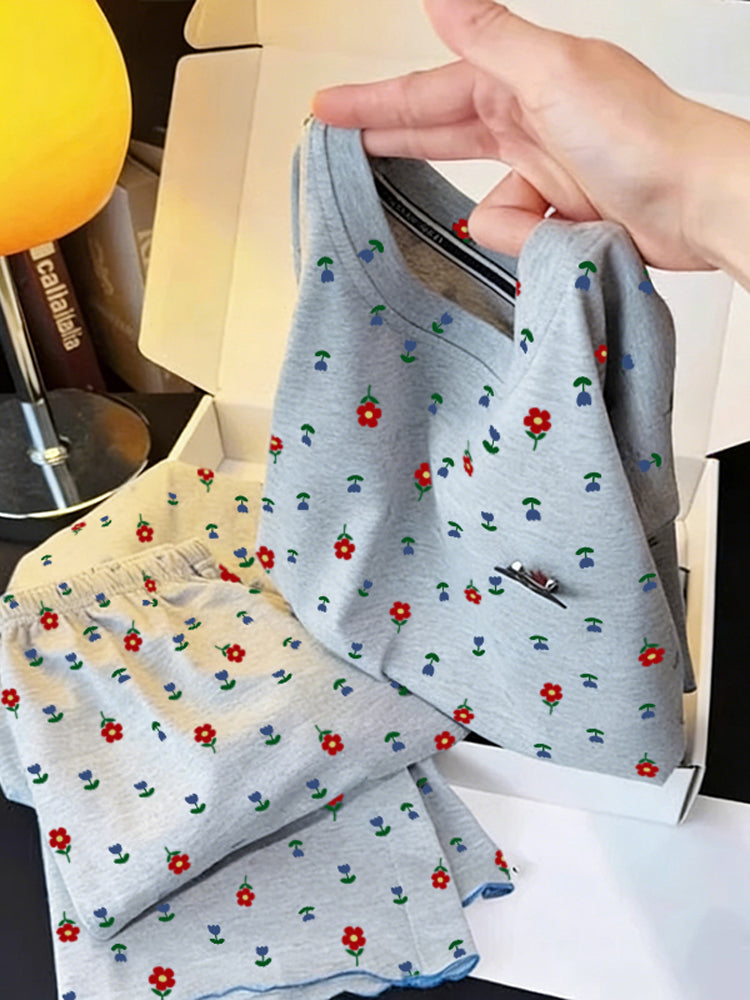 Qadınlar üçün retro çiçəkli pijama yay 2026 yeni şirin böyük ölçülü qısaqol şalvar yay təmiz pambıq ev paltarı dəsti