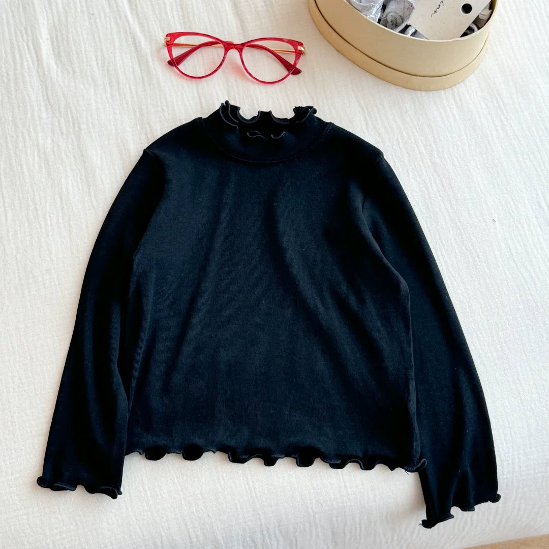 Qız uşaqları üçün dəbli və çoxfunksiyalı payız geyimləri: sadə krujeva yaxalıqlı futbolka, qız uşaqları üçün dəbli payız köynəyi.